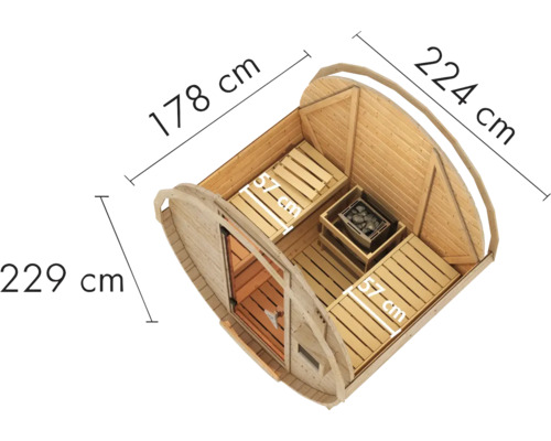Binnenaanzicht van een houten sauna met afmetingen van 229 bij 178 bij 224 centimeter