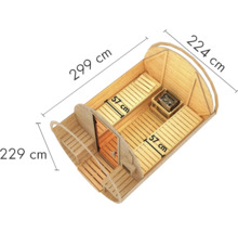 Illustratie van een houten barrel sauna met afmetingen van 299 cm lengte, 224 cm breedte en 229 cm hoogte.