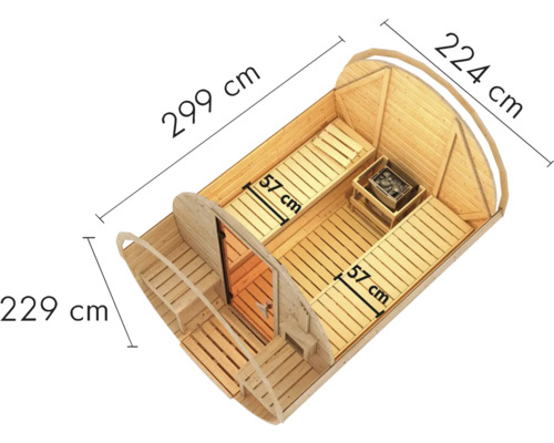 Illustratie van een houten barrel sauna met afmetingen van 299 cm lengte, 224 cm breedte en 229 cm hoogte.