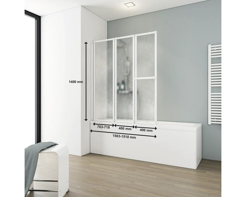 Badwand met drie elementen en afmetingen op bad