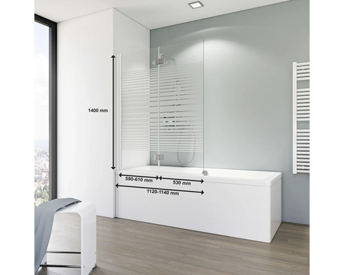 Badwand met afmetingen van 1400 mm hoogte, 590 tot 610 mm en 530 mm breedte