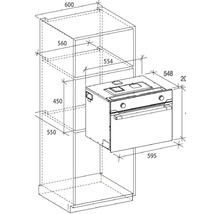 Technische tekening van een inbouwoven met afmetingen voor inbouw in een keukenkast.