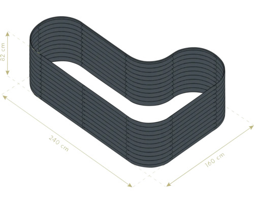 Illustratie van een verhoogde tuinbak met de afmetingen 240 cm lengte, 160 cm breedte en 82 cm hoogte.