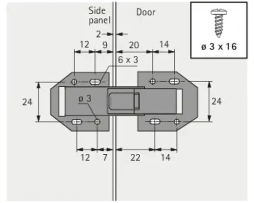 Technische tekening van een deurscharnier met afmetingen en schroef