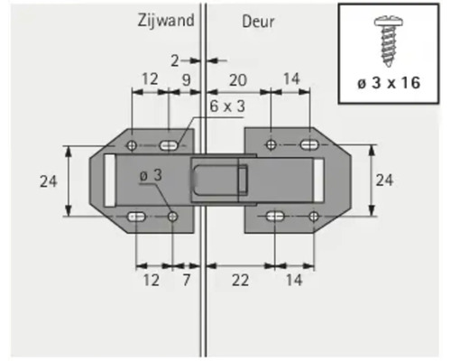 Technische tekening van een meubelscharnier met afmetingen