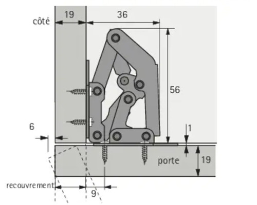 Tekening van een klepbeslag met maatvoering voor montage.