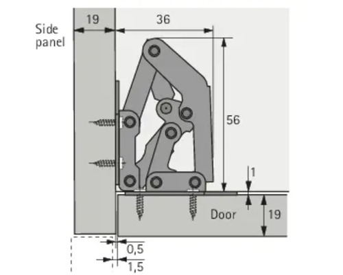 Technische tekening van een klepbeslag met maatgegevens voor montage op een kastdeur