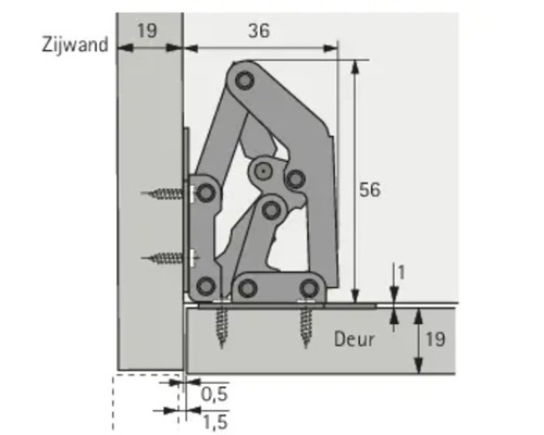 Technische tekening van een meubelscharnier met afmetingen