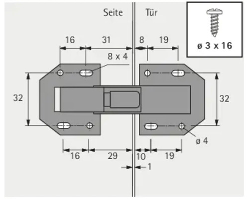 Technische tekening van een deursluiter met afmetingen en schroefdetails