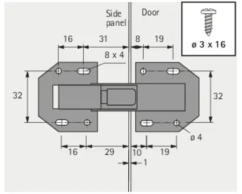 Technische tekening van een meubelslot met afmetingen