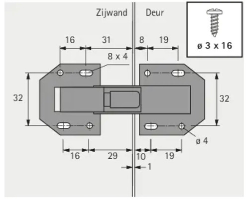 Technische tekening van een meubelscharnier met maatvoering voor zijwand en deur.