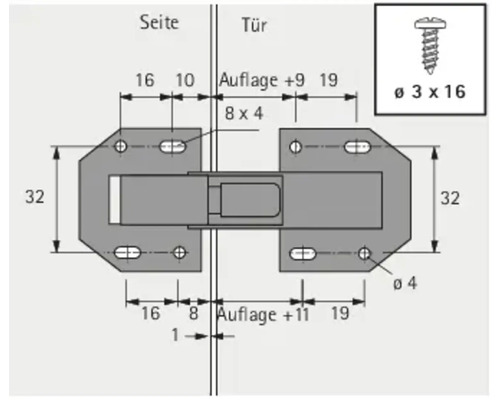 Technische tekening van een meubelscharnier met afmetingen