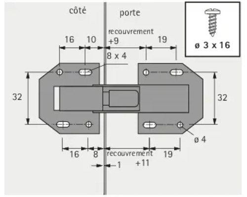 Technische tekening van een deurhengsel met afmetingen