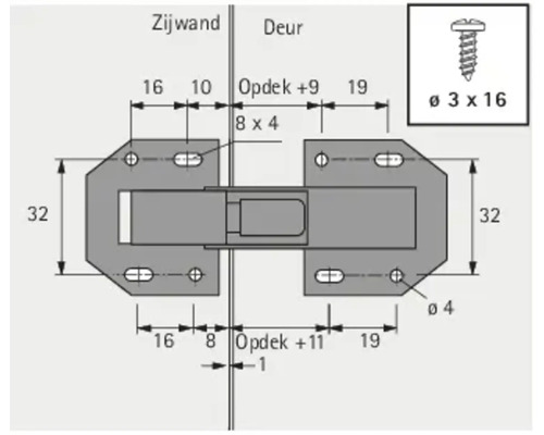 Technische tekening van een deurscharnier met afmetingen