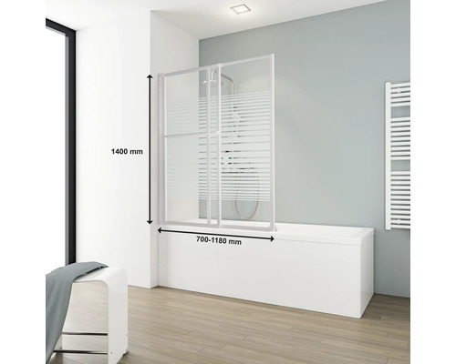 Badwand met twee schuifdeuren van glas en aluminium frame met afmetingen 1400 mm hoog en 700 tot 1180 mm breed.