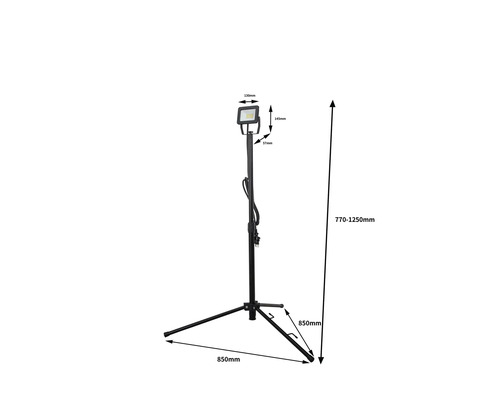 LED bouwlamp op statief met afmetingen 770 tot 1250 millimeter hoogte en 850 millimeter statiefvoetlengte