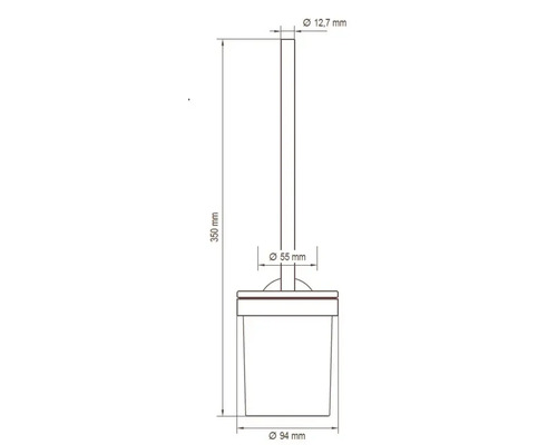 Technische tekening van een toiletborstel met de afmetingen: diameter bovenaan 12,7 mm, diameter borstelkop 55 mm, diameter houder 94 mm, hoogte 350 mm.