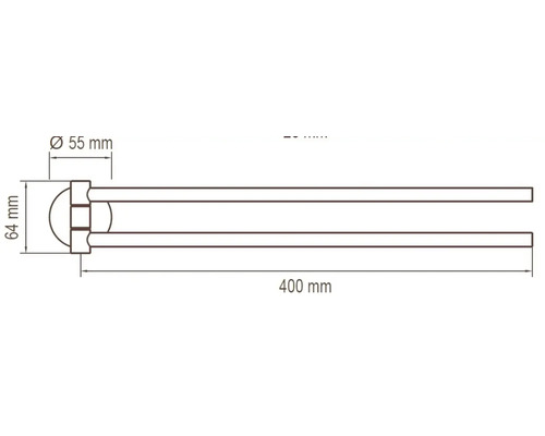 Technische tekening van een handdoekhouder met de afmetingen 400 mm lengte, 55 mm diameter en 64 mm hoogte