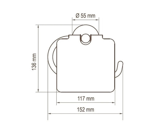 Maatschets van een toiletpapierhouder met de afmetingen 136 mm hoogte, 152 mm breedte en 55 mm diameter