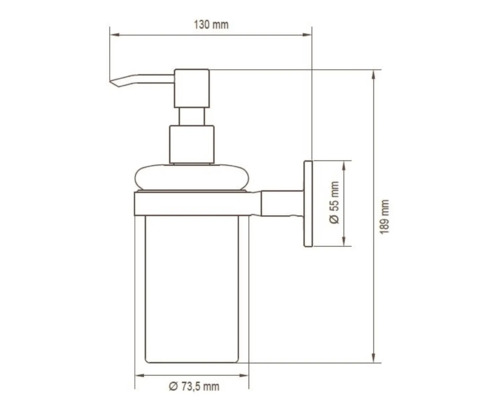 Technische tekening van een zeepdispenser met maataanduidingen.
