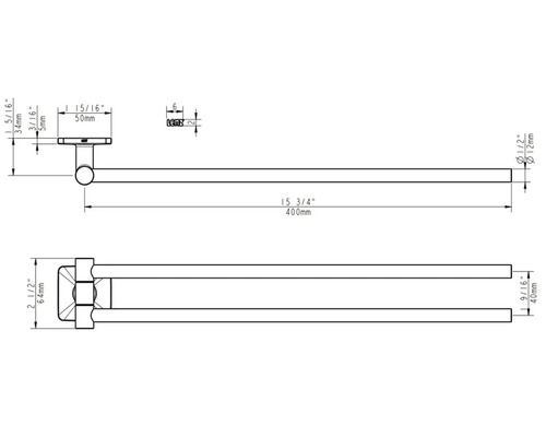 Technische tekening van een handdoekstang met maatvoering