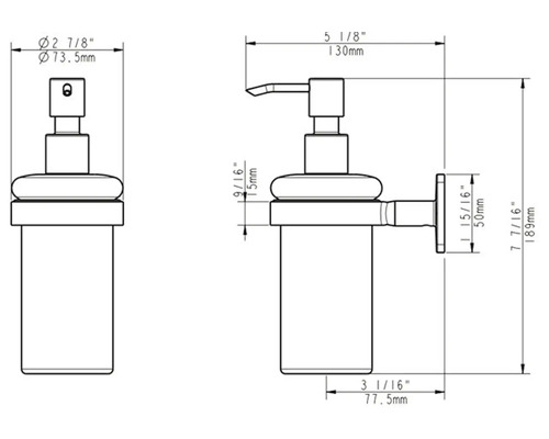 Technische tekening van een zeepdispenser met maatvoering