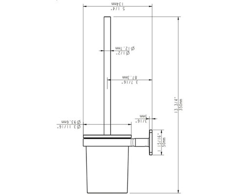 Technische tekening van een toiletborstel met maataanduidingen