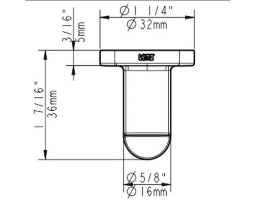Technische tekening van een plug met afmetingen in millimeters en inches