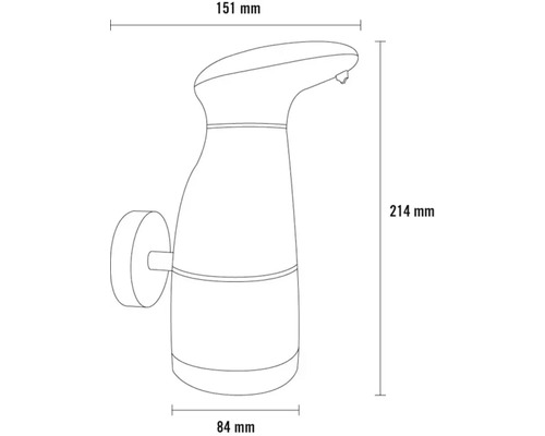 Technische tekening van een zeepdispenser met afmetingen van 151 mm breed, 214 mm hoog en 84 mm diep.