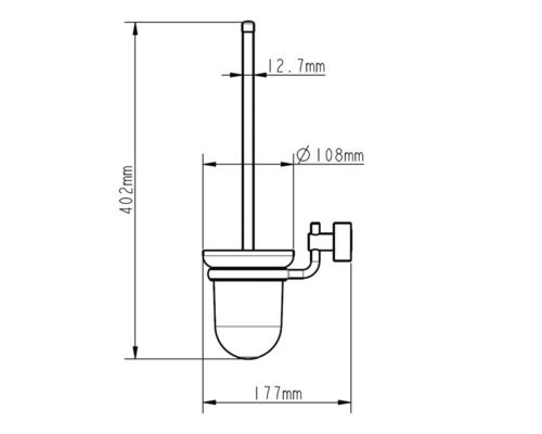 Technische tekening van een toiletborstel met afmetingen van 402 mm hoogte, 177 mm breedte en een diameter van 108 mm