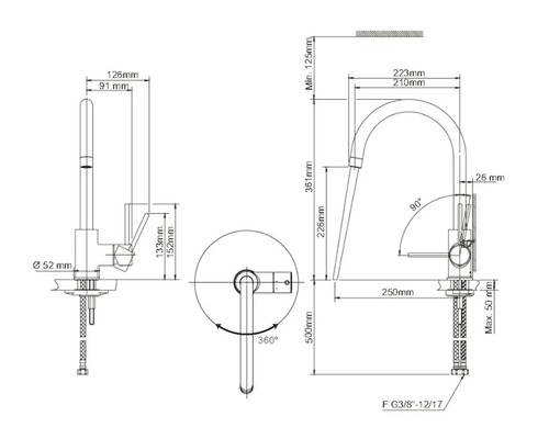 Technische tekening van een keukenkraan met afmetingen