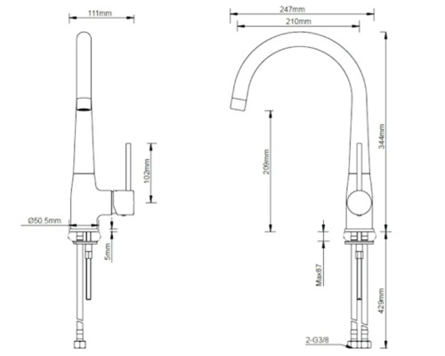 Technische tekening van een keukenkraan met maatvoering