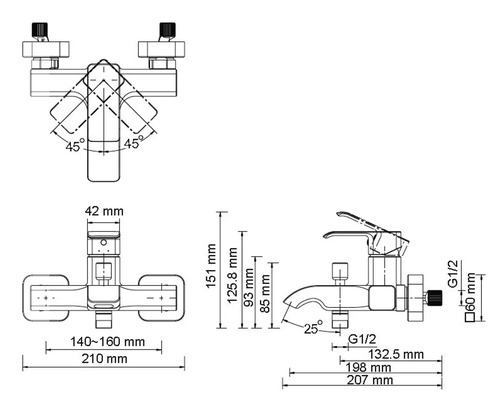 Technische tekening van een kraan met maataanduidingen