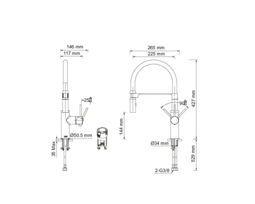 Maatschets van een keukenkraan met verschillende aanzichten en afmetingen.