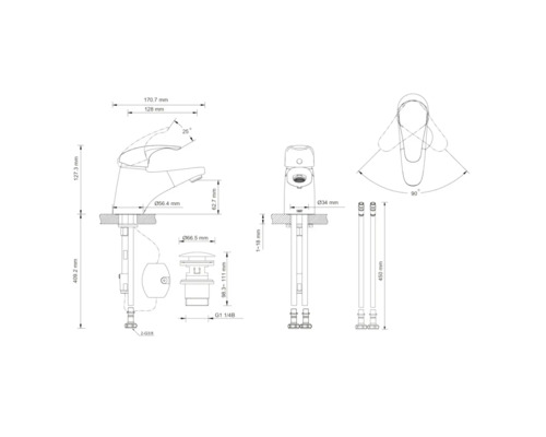 Maatschets van een kraan met de bijbehorende afmetingen.