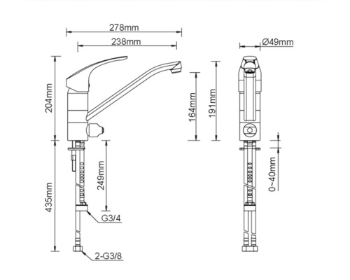 Technische tekening van een keukenkraan met afmetingen