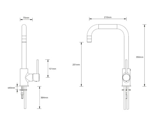 Technische tekening van een keukenkraan met afmetingen