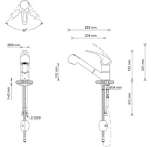 Technische tekening van een keukenkraan met uittrekbare sproeier en maataanduidingen