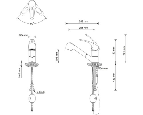 Technische tekening van een keukenkraan met uittrekbare sproeier en maataanduidingen