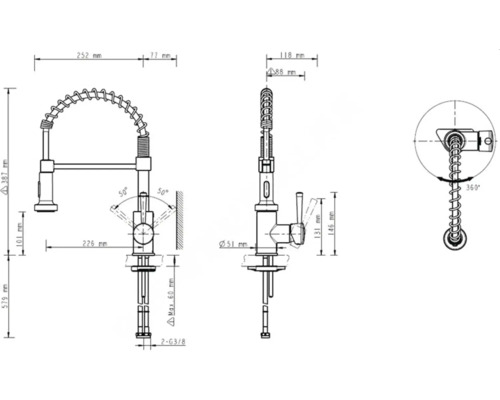 Technische tekening van een keukenkraan met de afmetingen.