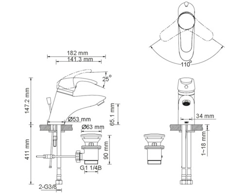 Technische tekening van een wastafelkraan met afmetingen