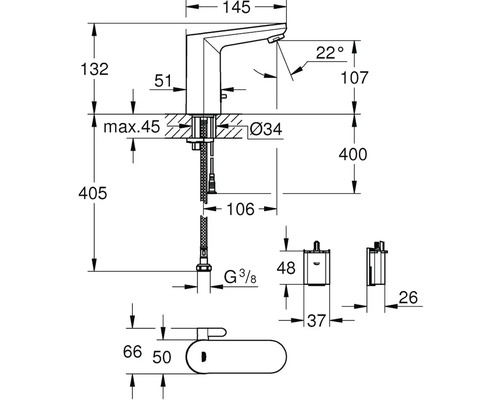 Technische tekening van een kraan met afmetingen