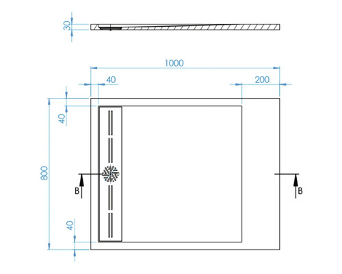 Technische tekening van een douchebak met afmetingen