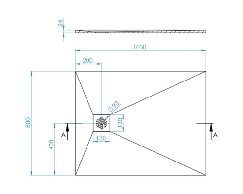 Technische tekening van een douchebak met afmetingen.