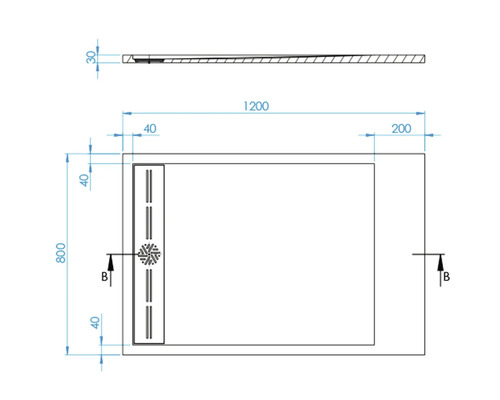 Technische tekening van een douchebak met de afmetingen 1200 x 800 mm.