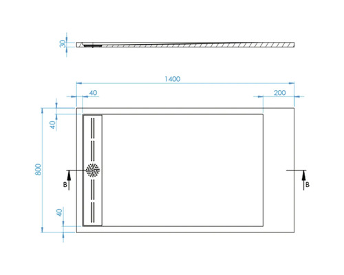 Technische tekening van een douchebak met afmetingen