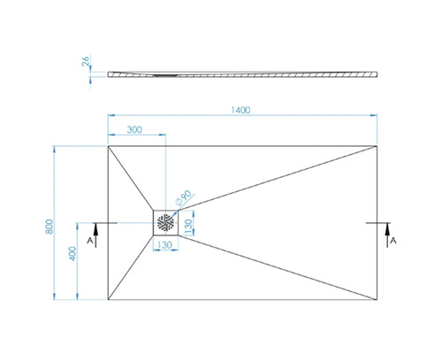Technische tekening van een douchebak met afmetingen.