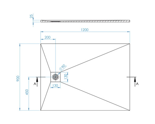 Technische tekening van een douchebak met afmetingen