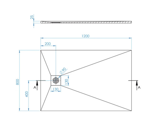 Technische tekening van een douchebak met afmetingen