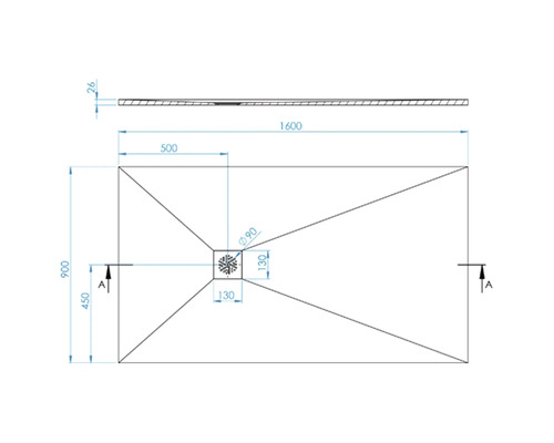 Technische tekening van een douchebak met maataanduidingen